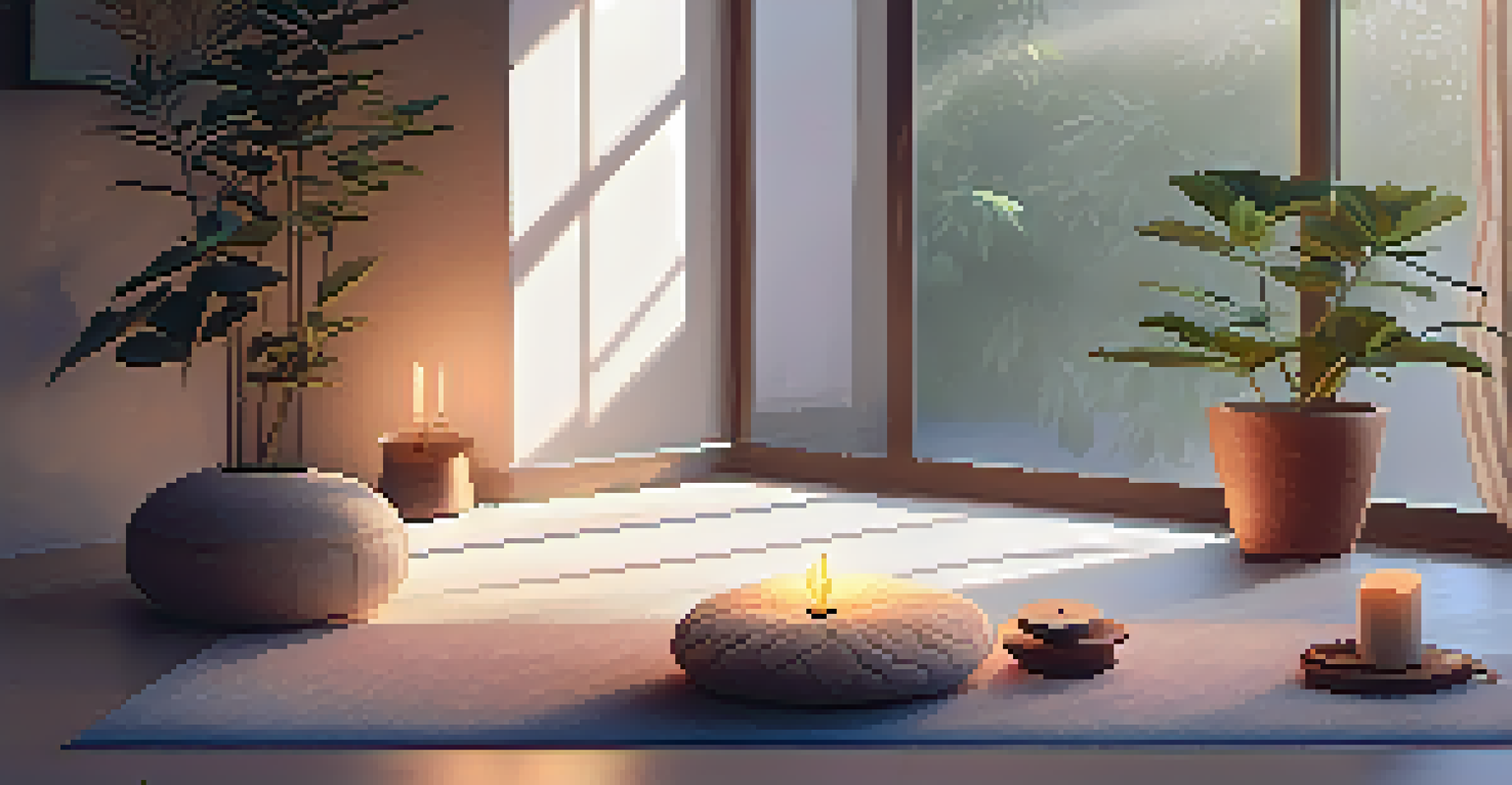 A cozy indoor meditation space with cushions, a plant, and a lit candle, designed for mindful breathing practice.