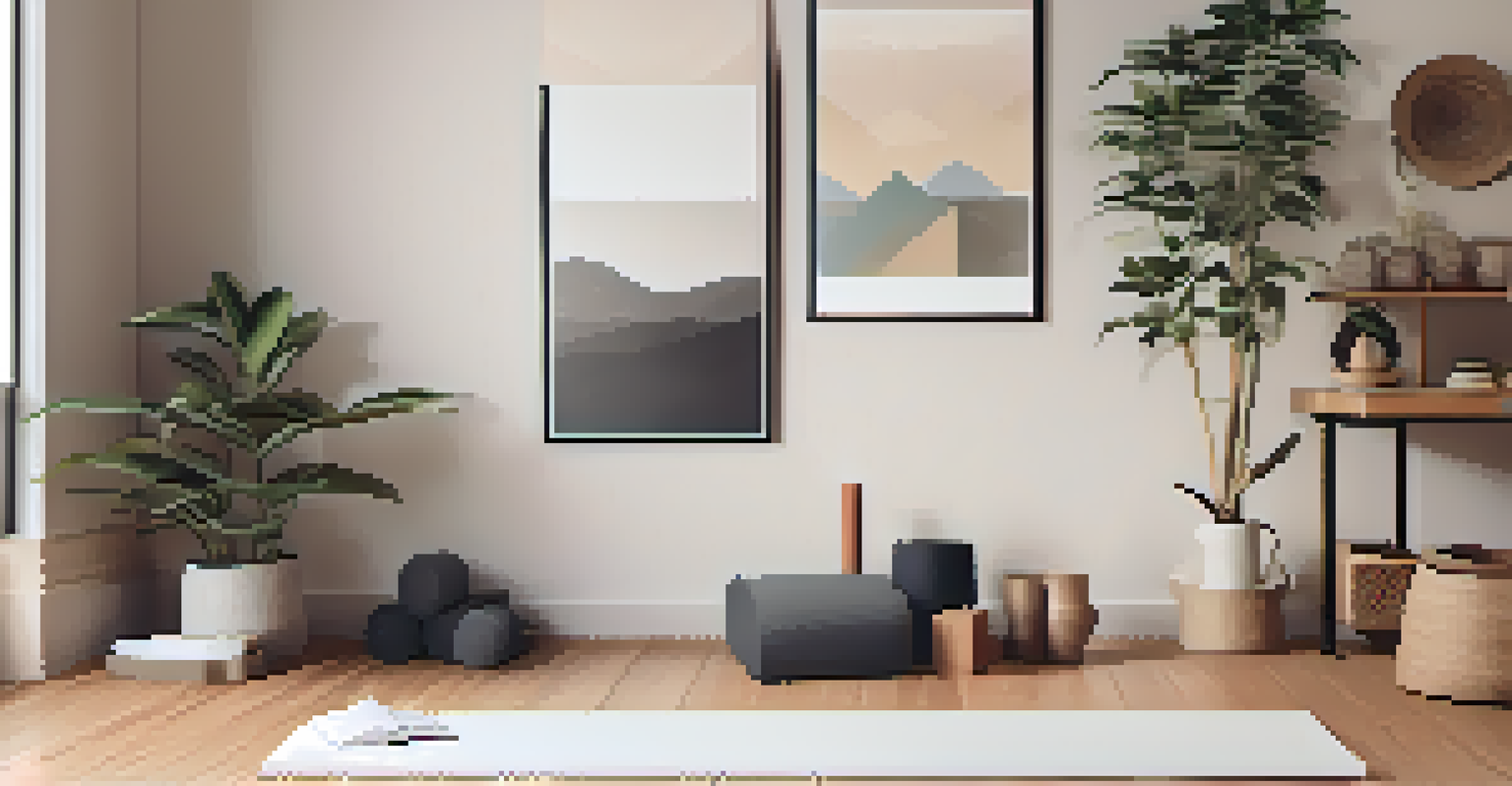 A cozy yoga corner featuring a mat, props, and an open journal, decorated with calming elements.
