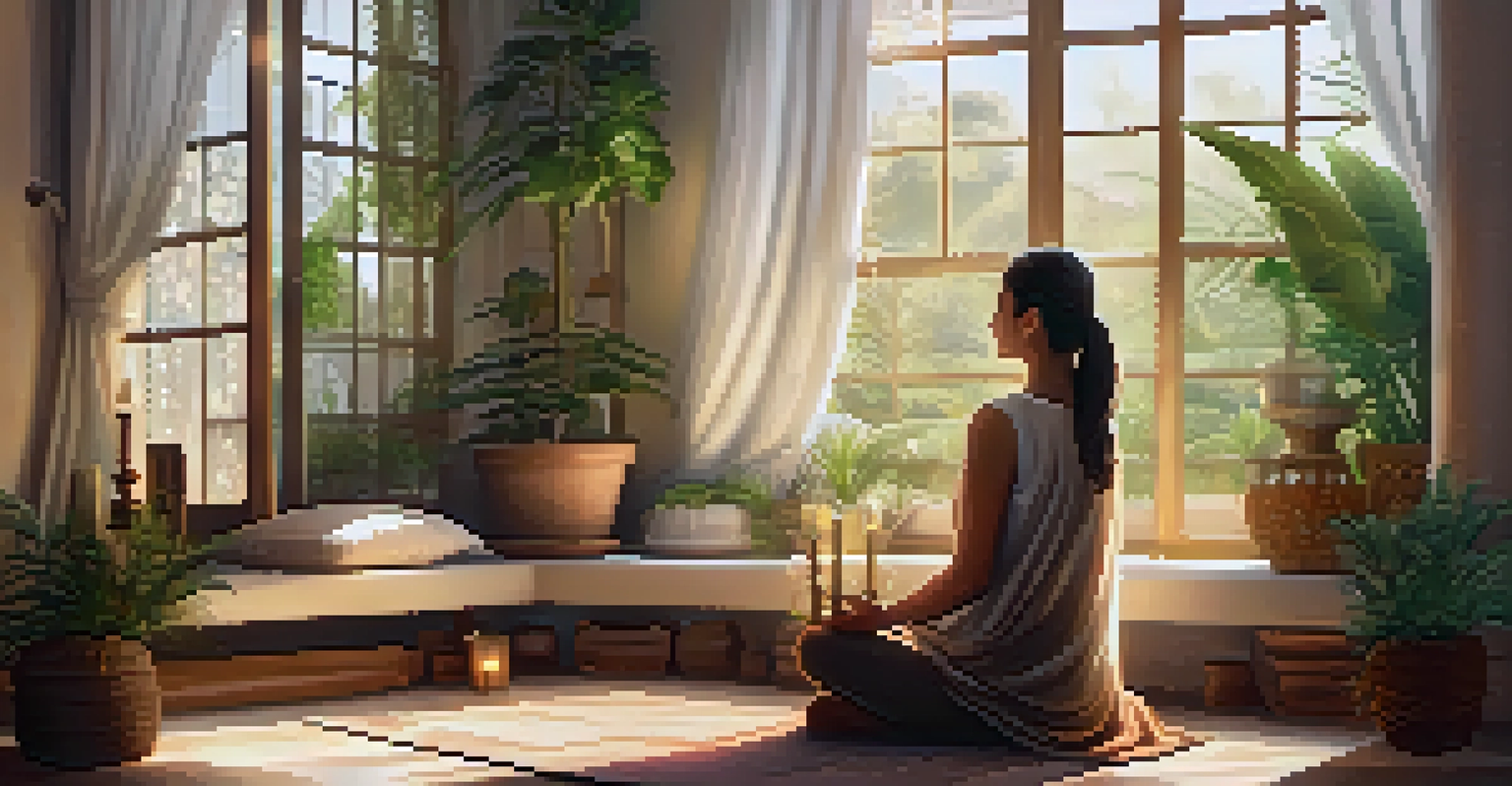 A tranquil meditation space with a person meditating in a sunlit room, surrounded by plants and cushions.