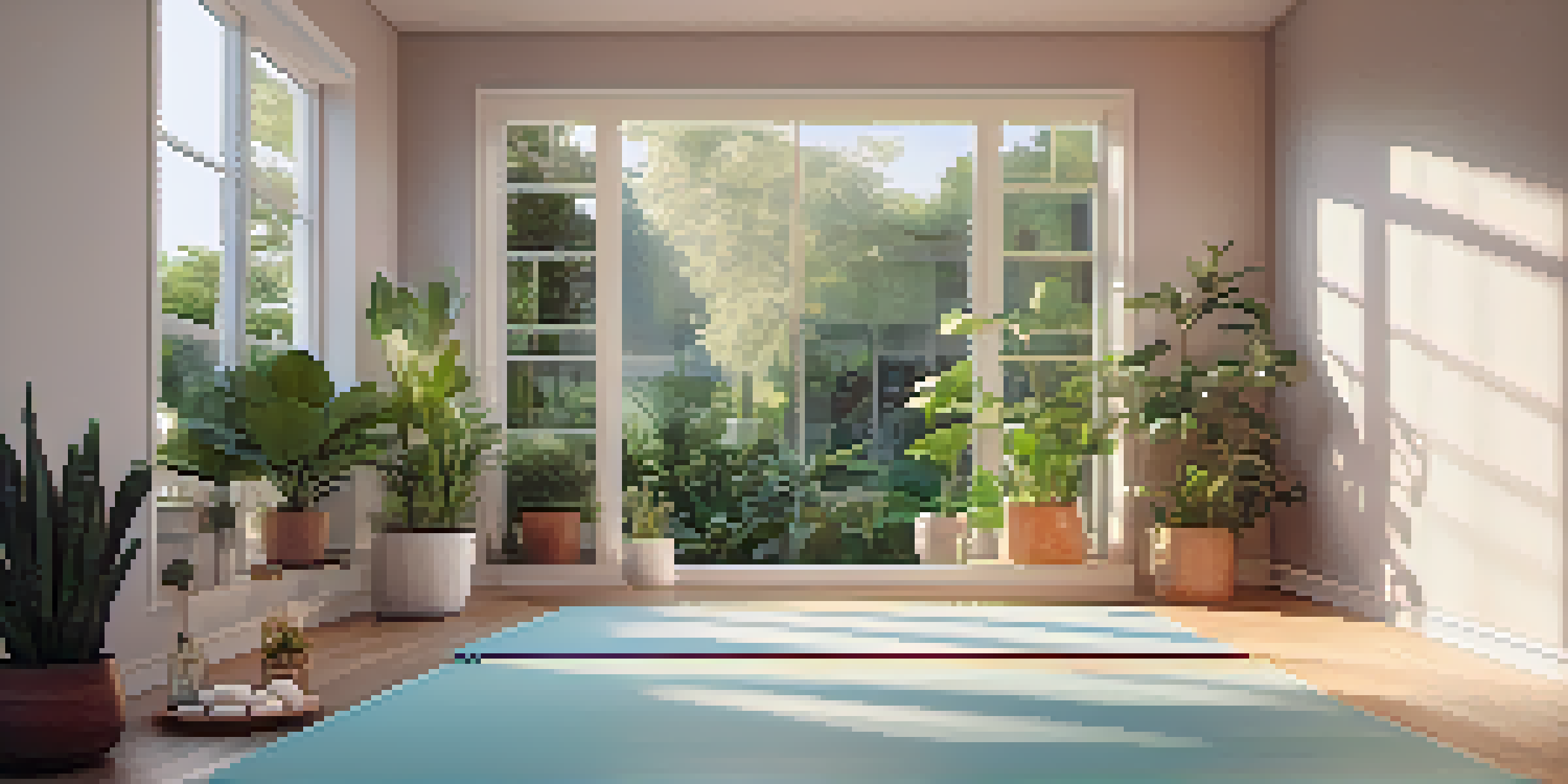 A calming yoga space at home with a yoga mat, green plants, and soft lighting.