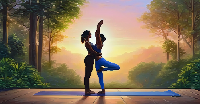 Two individuals practicing partner yoga in a park at sunset, one lifting the other, surrounded by greenery.