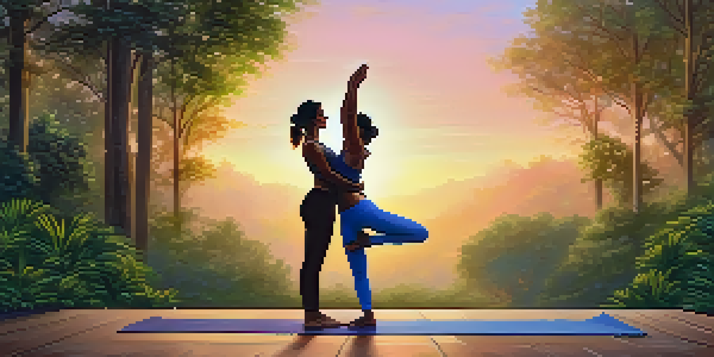 Two individuals practicing partner yoga in a park at sunset, one lifting the other, surrounded by greenery.