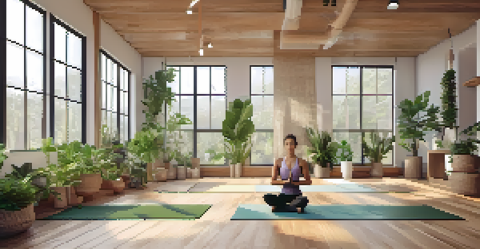 A peaceful yoga studio filled with natural light, featuring eco-friendly yoga mats and a yogi practicing on a cork block among plants.