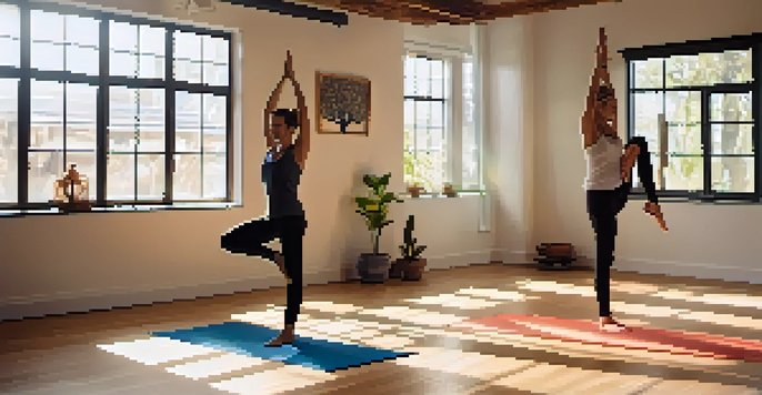 Two individuals practicing partner yoga in a sunlit studio, demonstrating the double tree pose with expressions of trust and concentration.