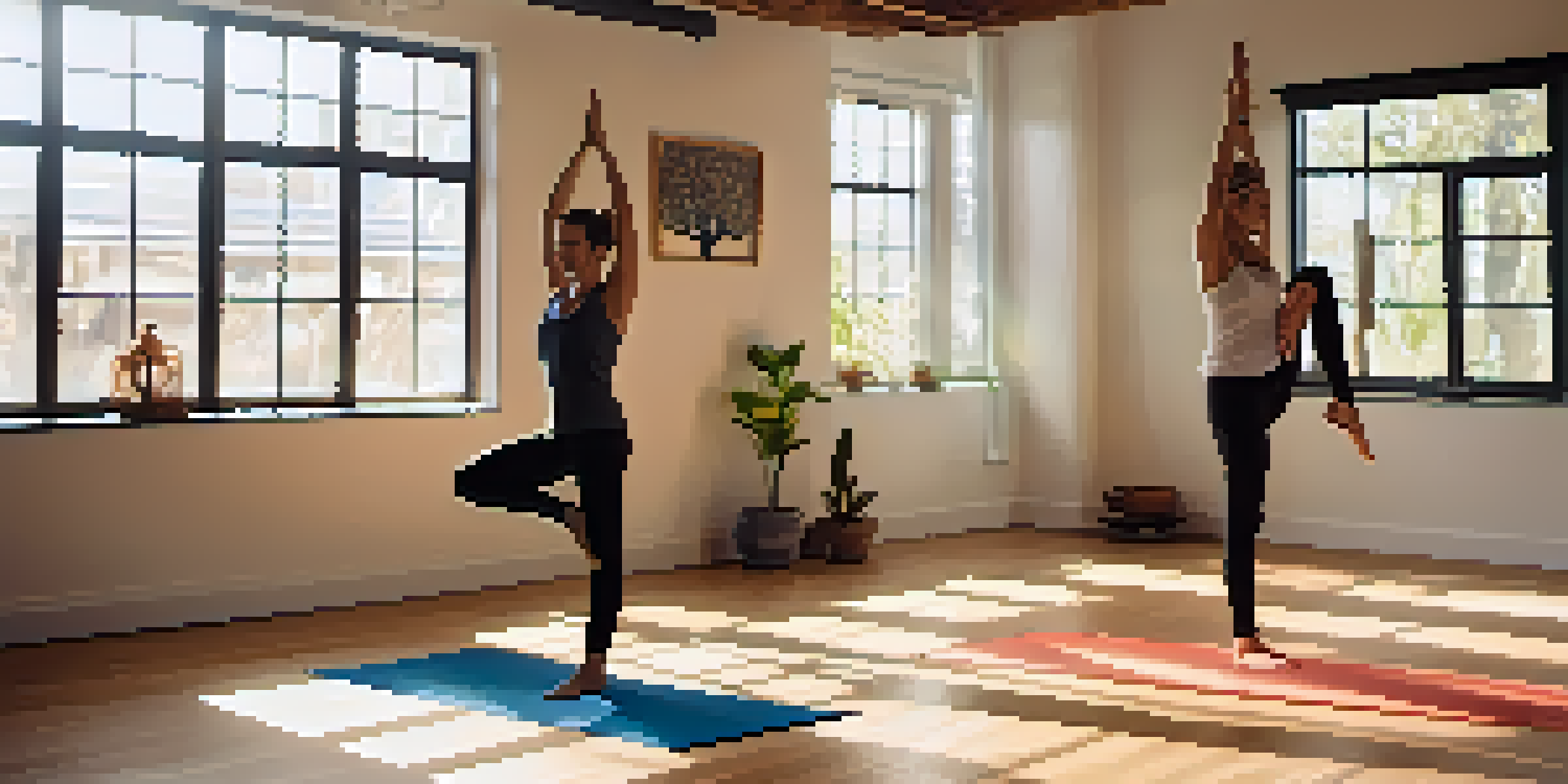 Two individuals practicing partner yoga in a sunlit studio, demonstrating the double tree pose with expressions of trust and concentration.