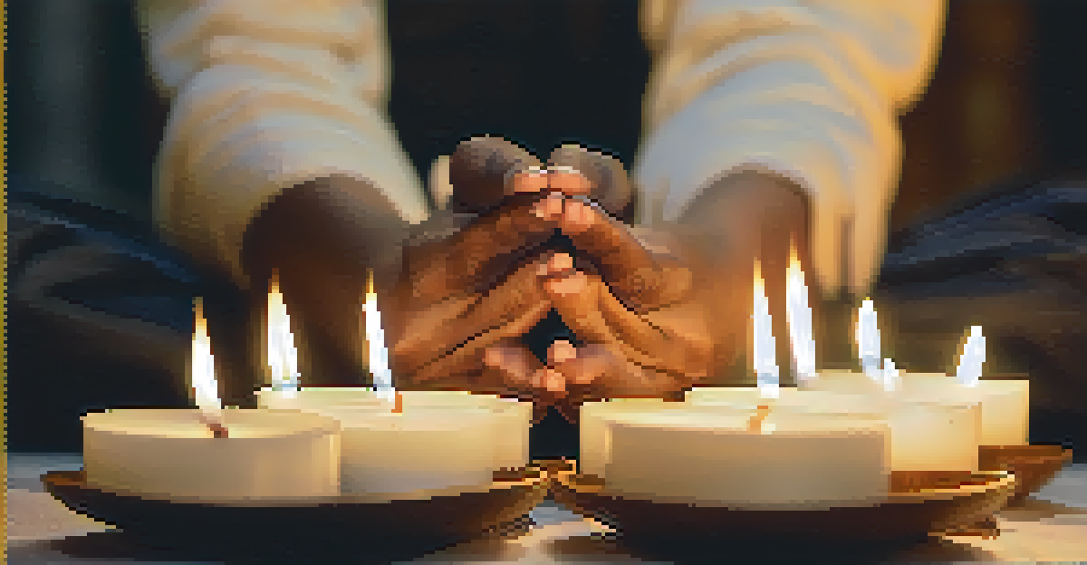 A close-up of hands in a mudra gesture with candles in the background.