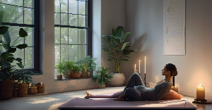 A peaceful scene of a person lying on a yoga mat in a dimly lit room, surrounded by candles and plants, representing a Yoga Nidra session.