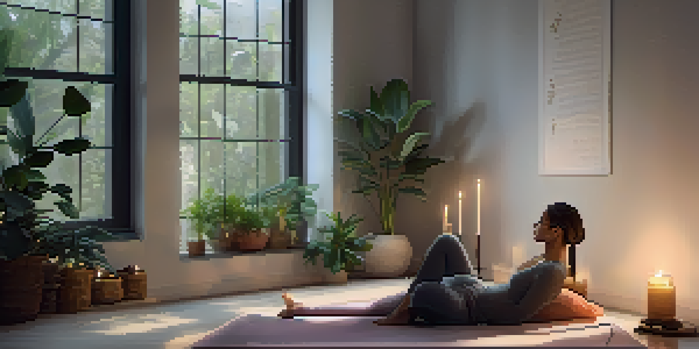 A peaceful scene of a person lying on a yoga mat in a dimly lit room, surrounded by candles and plants, representing a Yoga Nidra session.