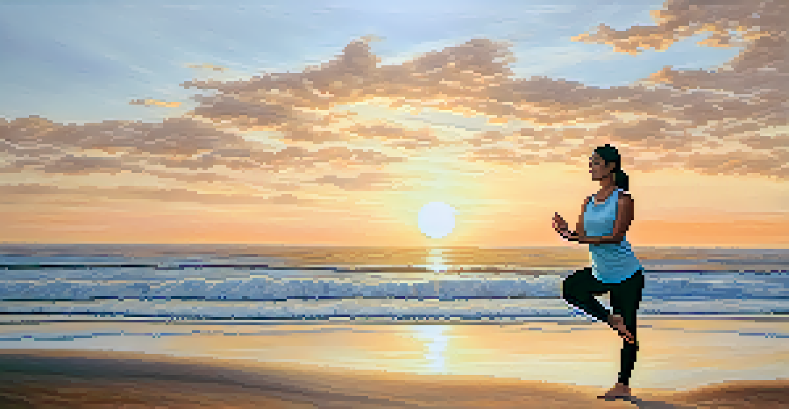 A person performing yoga on a beach at sunrise, with waves in the background, illustrating harmony with nature.