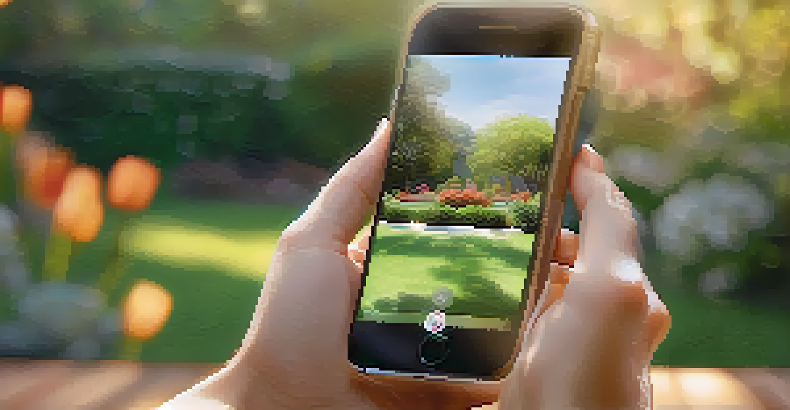 A hand holding a smartphone with a meditation app, set in a peaceful garden background.