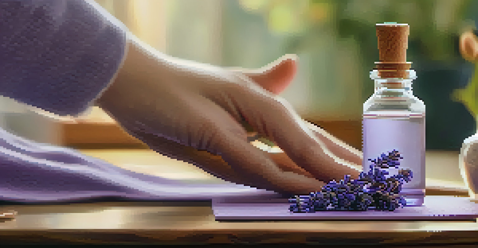 A close-up of a hand applying lavender essential oil, with a yoga mat and calming ambiance in the background.