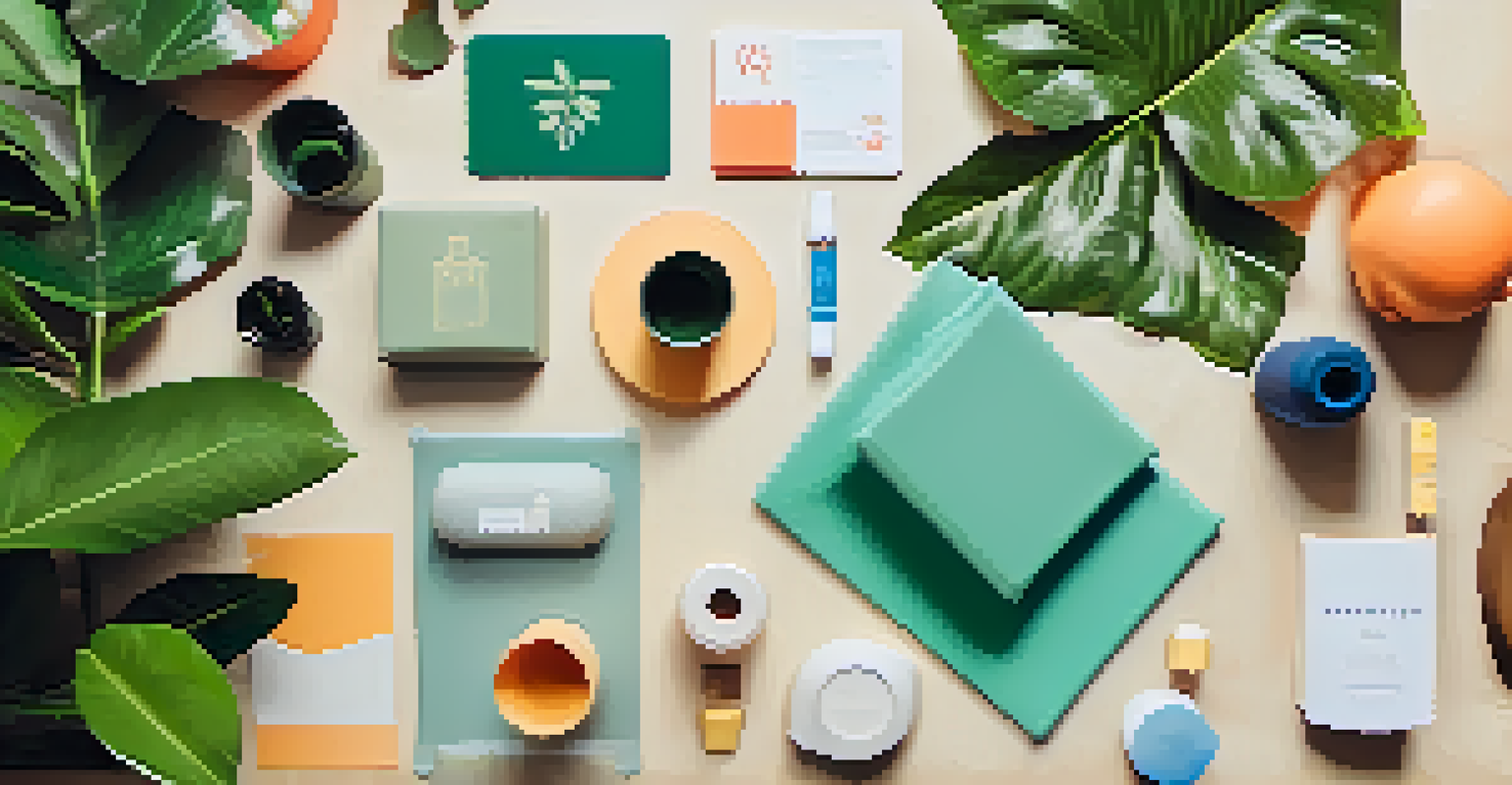 A flat lay of yoga props and plants with motivational quotes.
