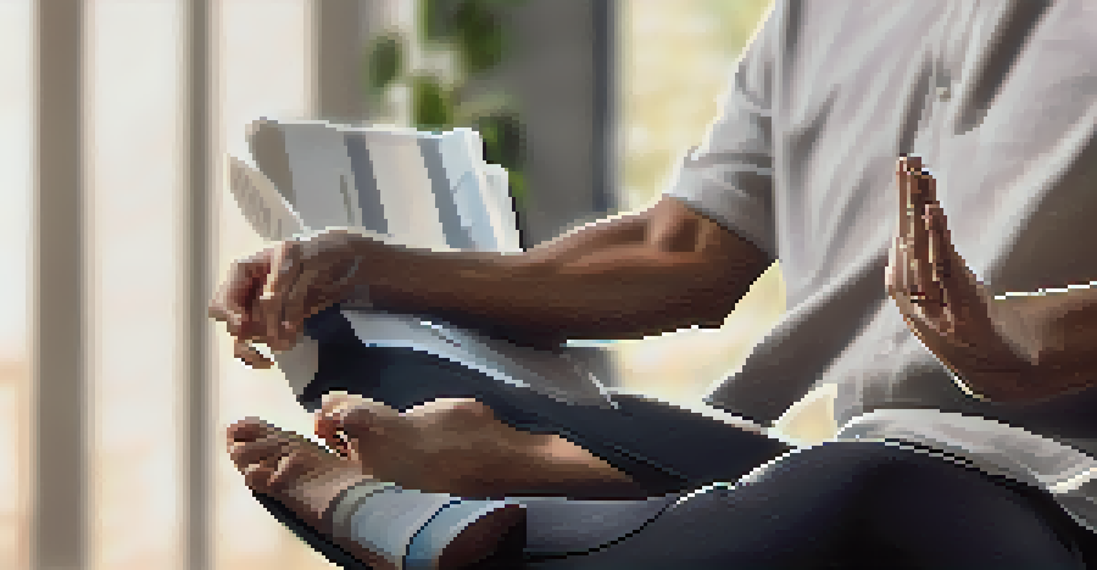 Close-up of hands resting on knees during chair yoga, with a soft-focus office background and calming light.