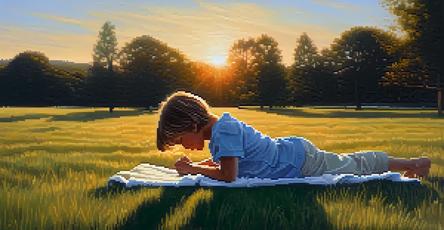 An individual in Child's Pose on a grassy field during sunset, surrounded by trees and flowers, conveying a sense of peace and relaxation.