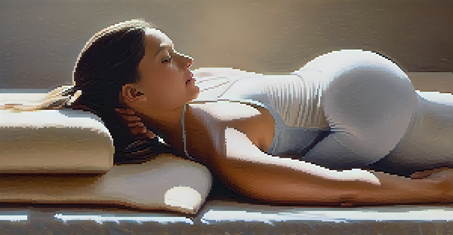 A close-up of a person practicing a supported bridge pose with a bolster, showcasing relaxation and tranquility.