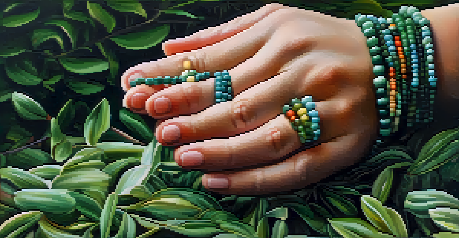 Close-up of hands holding a mala bead necklace against a blurred green background, representing mindfulness and meditation.