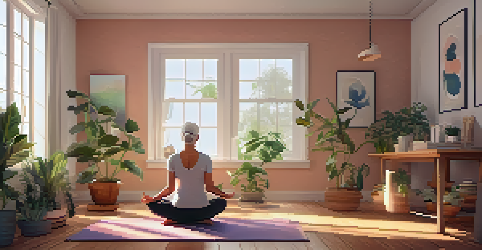 A senior person practicing breathing techniques on a yoga mat in a cozy home yoga space, surrounded by soothing decor and plants.