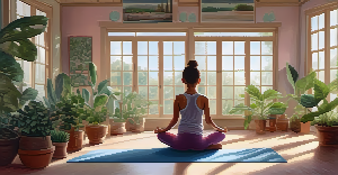 A person practicing Child's Pose in a tranquil yoga studio with natural light and plants.