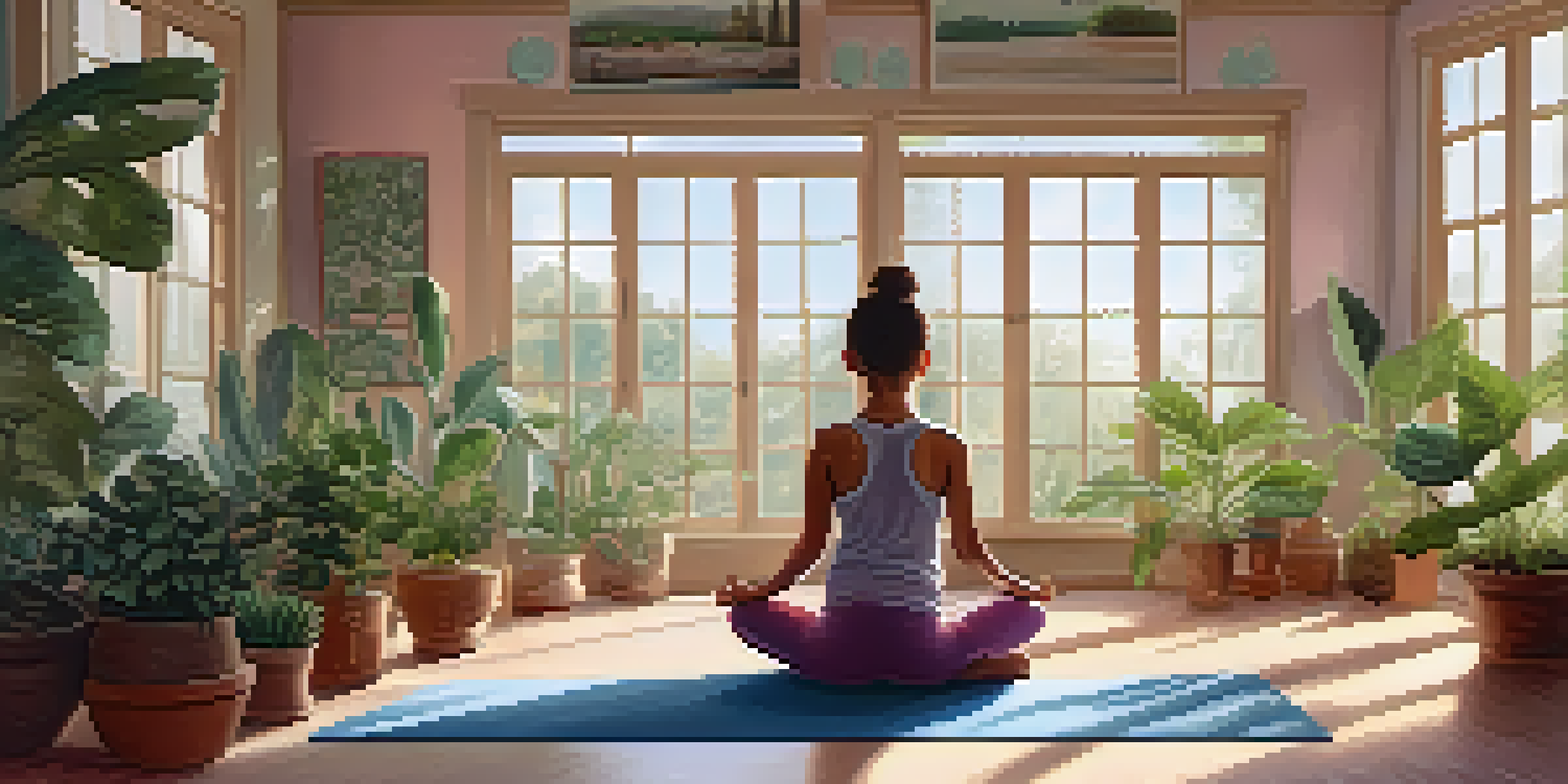 A person practicing Child's Pose in a tranquil yoga studio with natural light and plants.