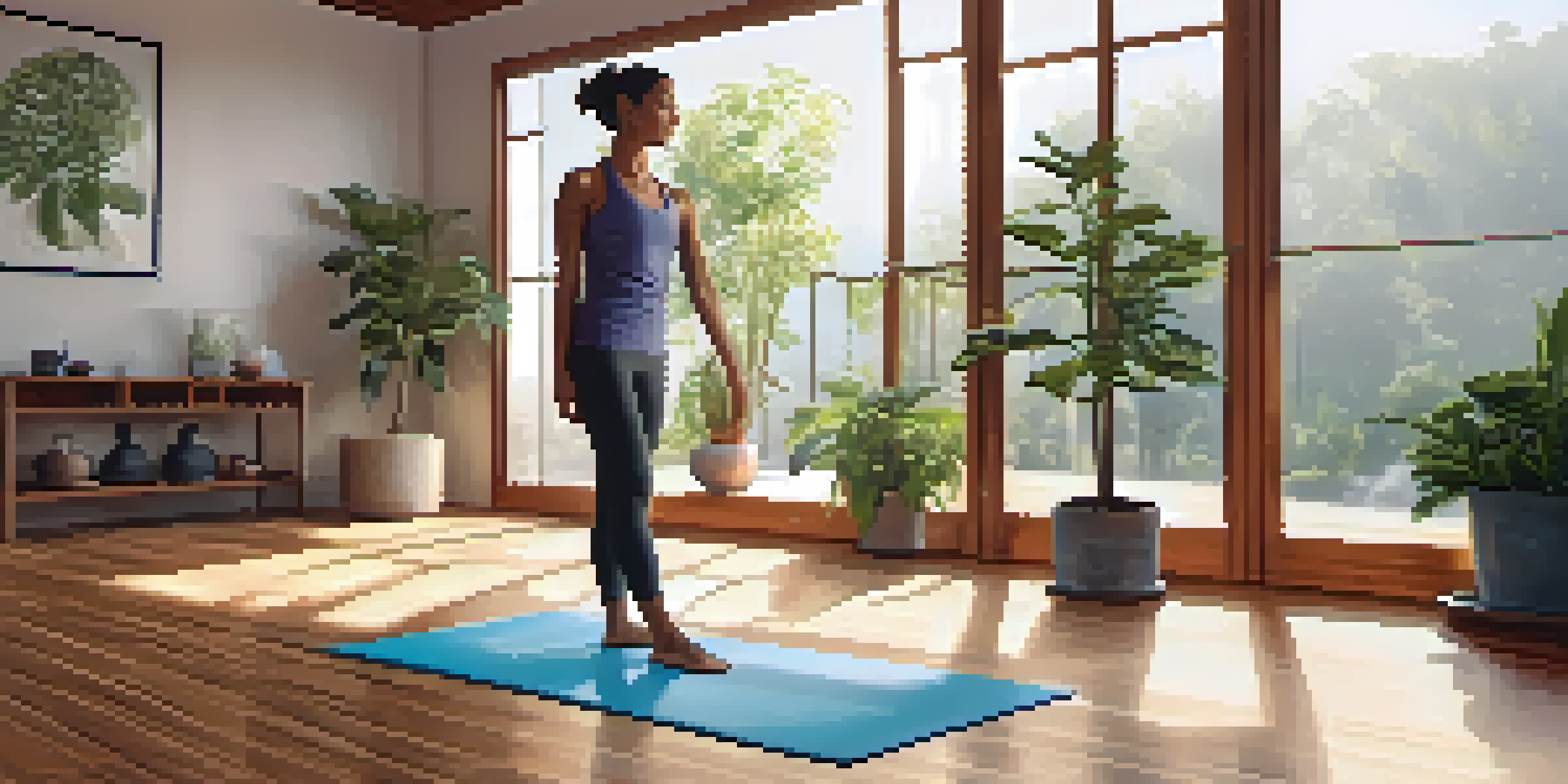 A person practicing Tree Pose in a bright yoga studio with plants and natural light.