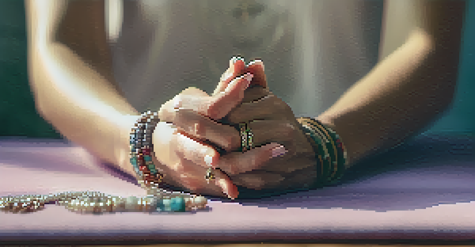 Close-up of hands in a meditative gesture on a yoga mat, with soft background elements of a yoga studio illuminated by warm light.