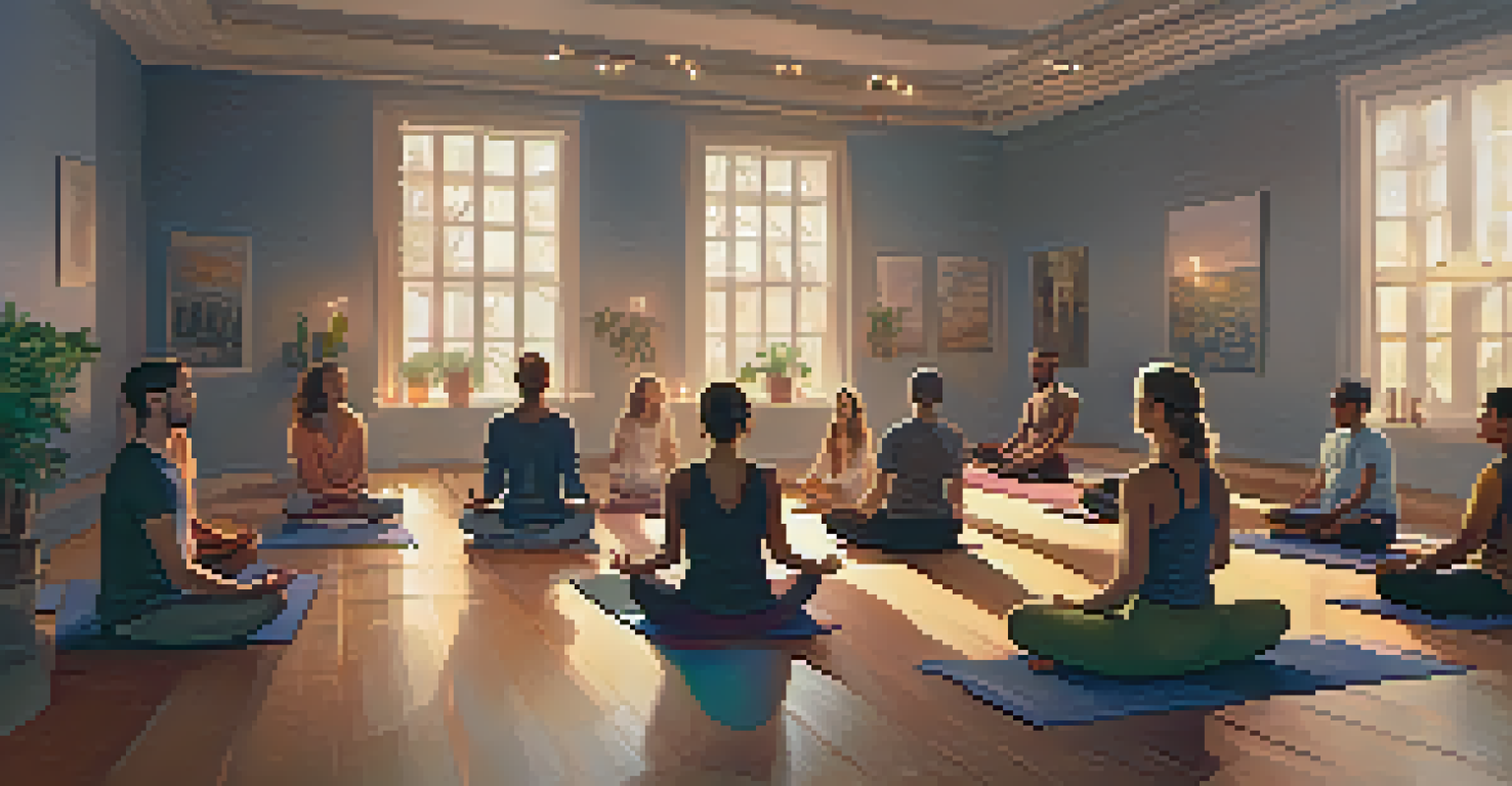 Activists practicing restorative yoga in a softly lit indoor setting, surrounded by candles and inspirational quotes, showcasing relaxation and mindfulness.