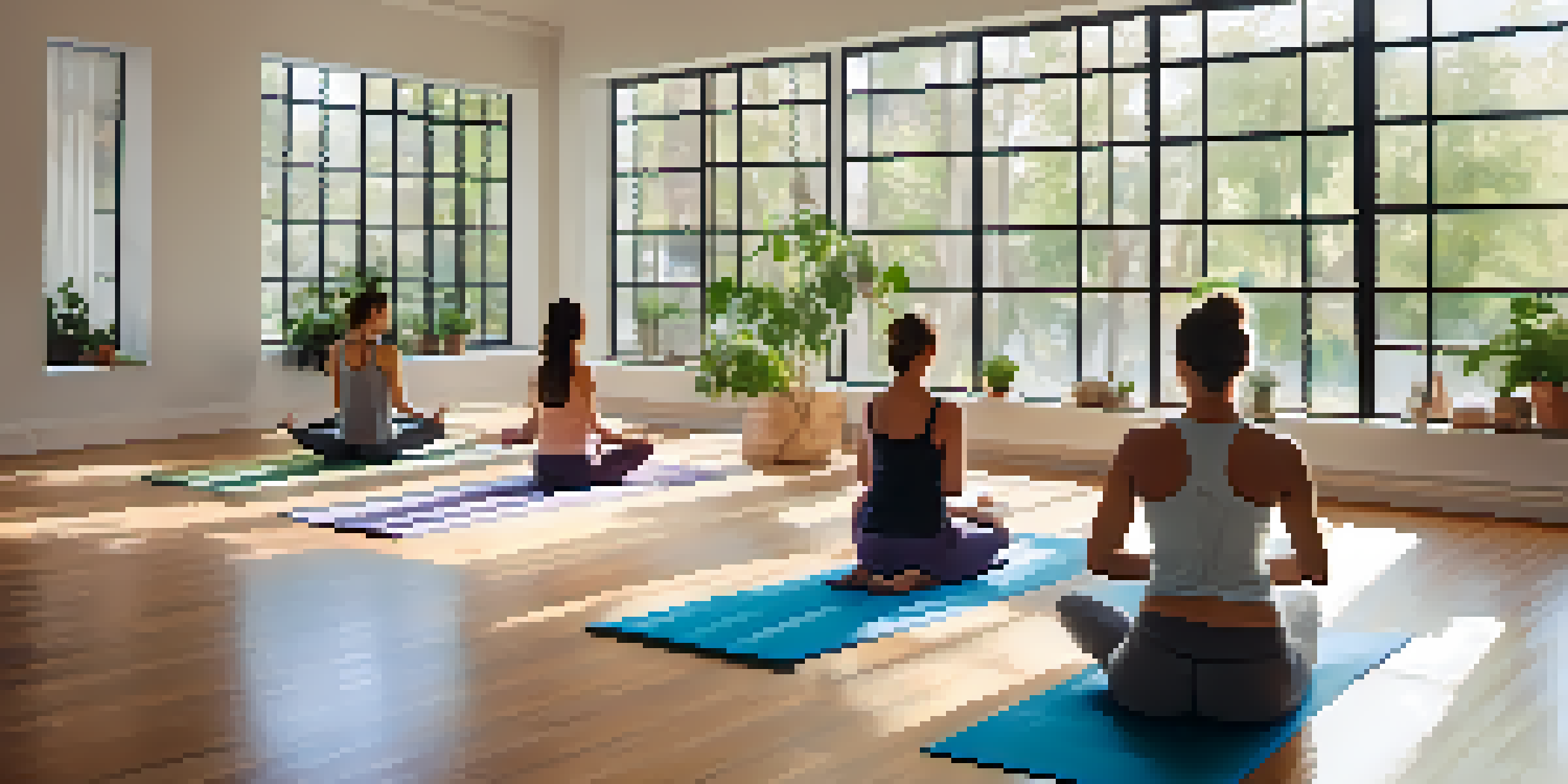 A yoga class with diverse participants practicing various poses in a sunlit studio with wooden floors and large windows.
