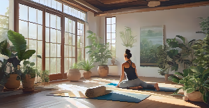 A woman practicing Child’s Pose in a peaceful yoga studio filled with natural light and greenery.