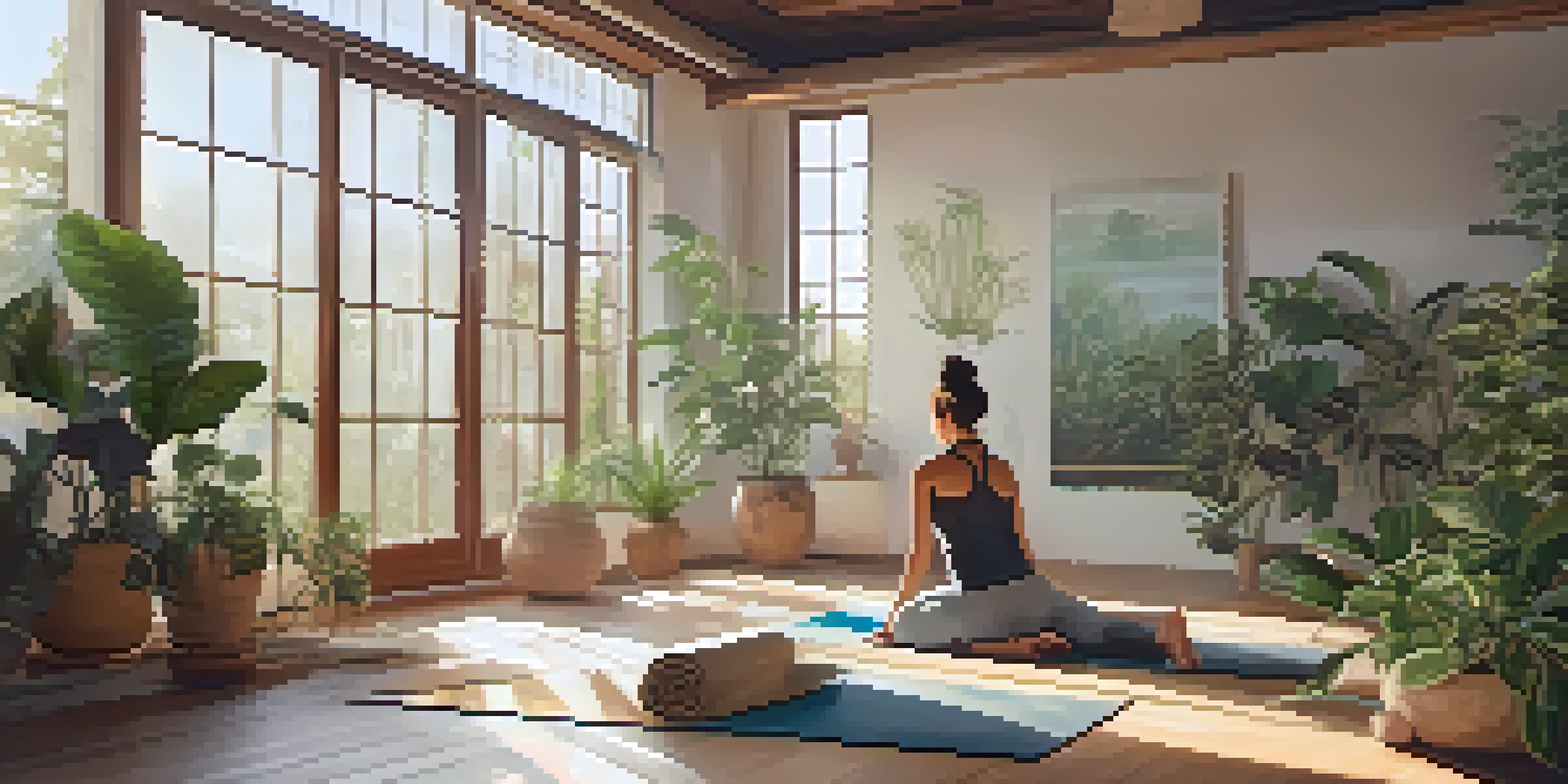 A woman practicing Child’s Pose in a peaceful yoga studio filled with natural light and greenery.