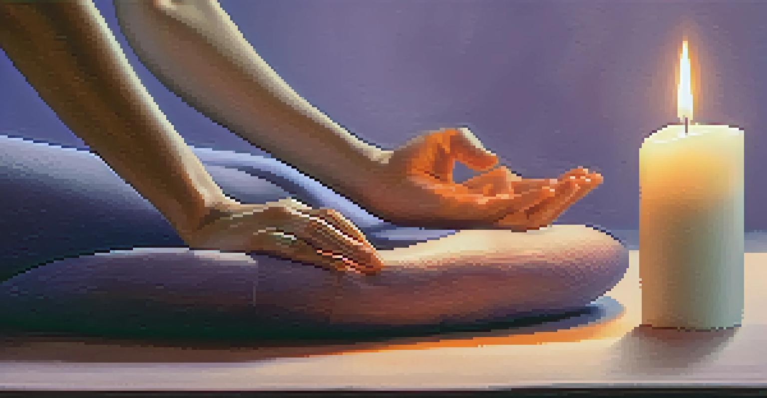 Close-up of hands resting on a yoga mat with a lavender plant and softly glowing candle in the background.