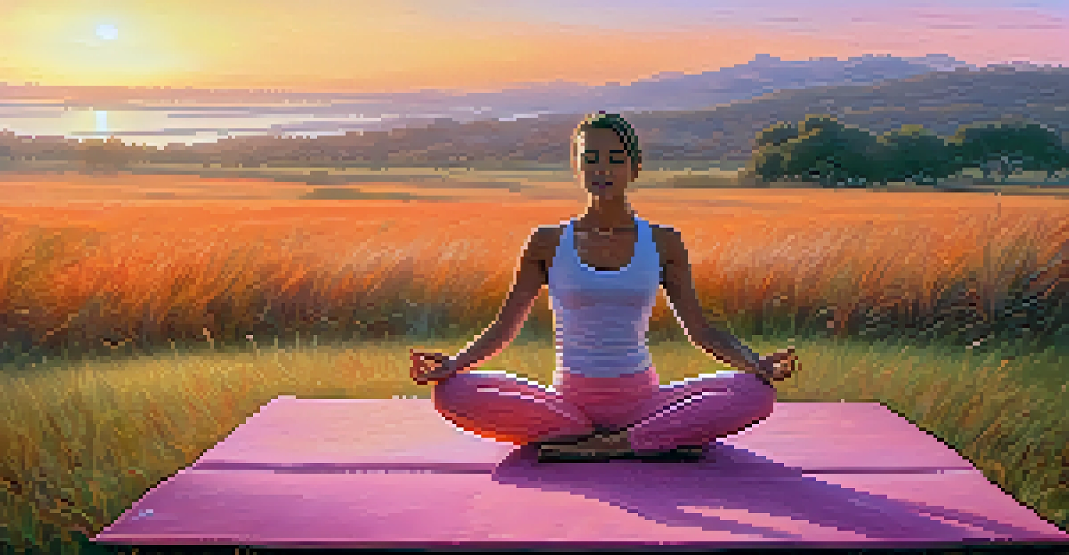 A person practicing yoga outdoors at sunrise on a grassy field, surrounded by a colorful sky.