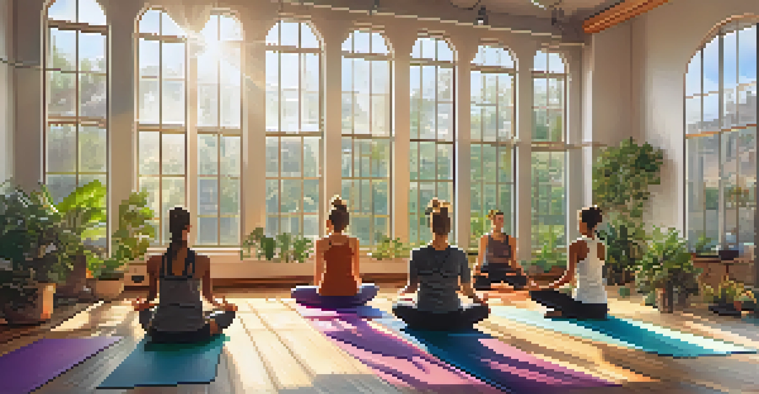 A vibrant yoga studio with people practicing yoga poses, surrounded by plants and natural light.