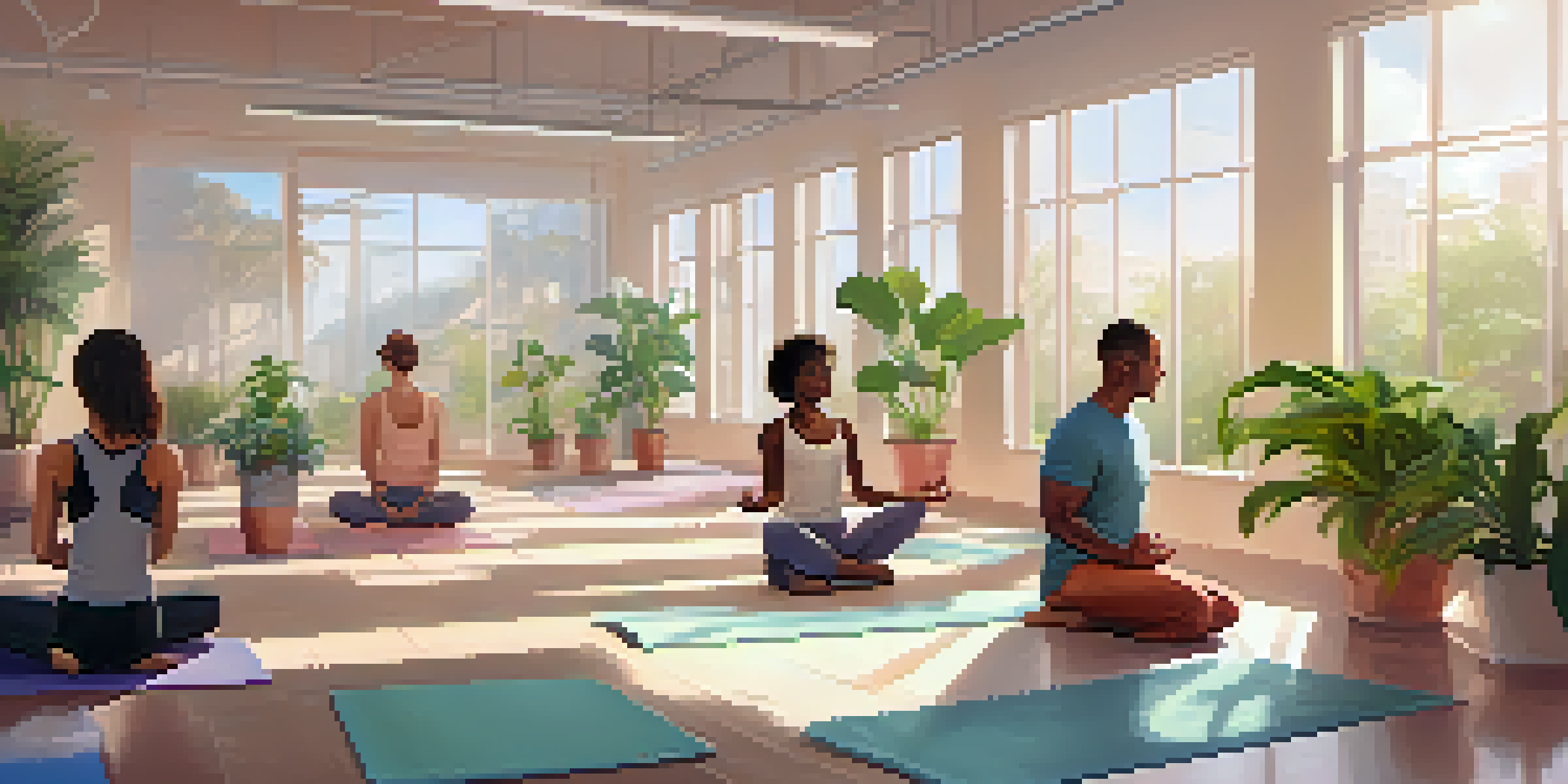 A person practicing yoga in a bright office break room, with plants and colleagues visible in the background.