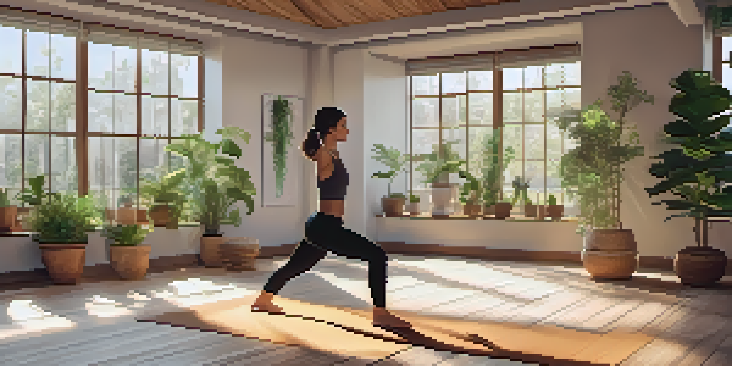 A yoga practitioner performing Tree Pose in a bright and peaceful studio filled with plants and natural light.