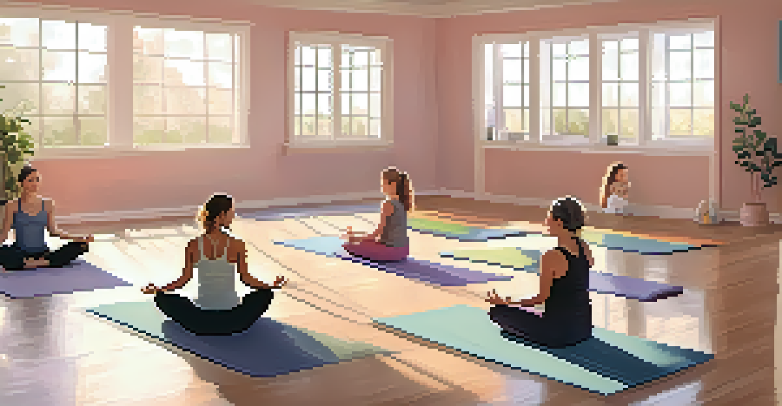 New mothers practicing postnatal yoga with their babies in a cozy, pastel-colored room, filled with smiles and warmth.