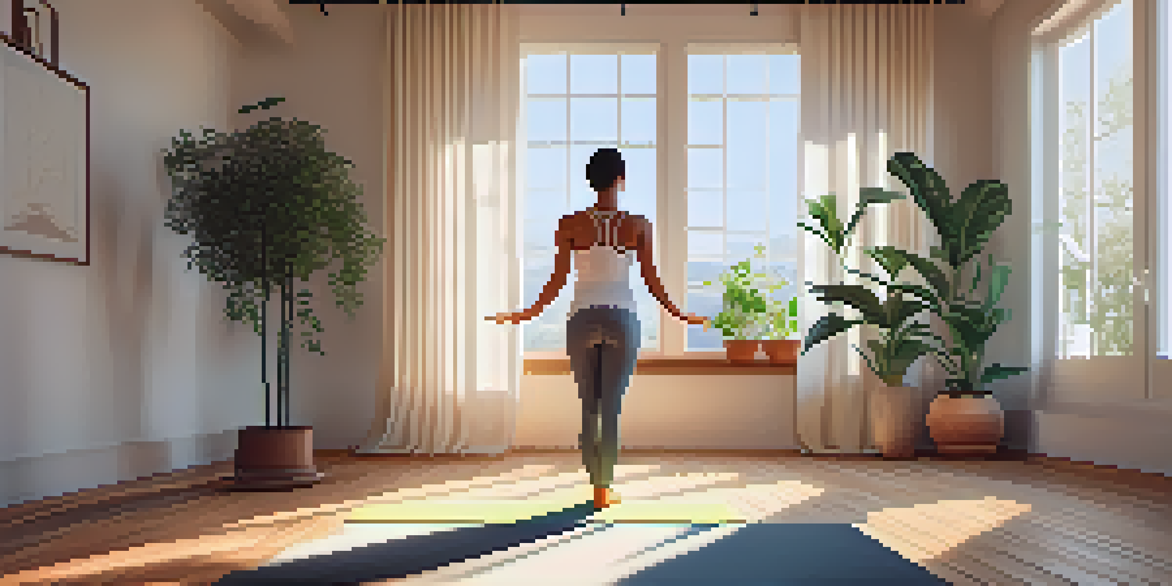A person practicing Mountain Pose in a sunlit room filled with plants, creating a calm and peaceful yoga environment.