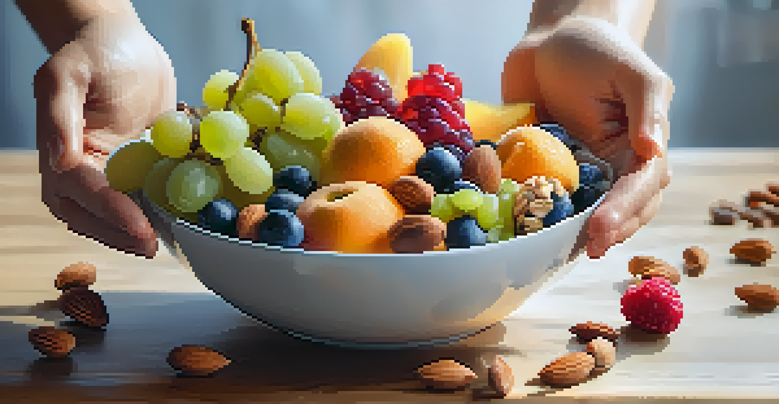 A close-up of a bowl of fruits and nuts with hands gently touching it, highlighting mindful eating.