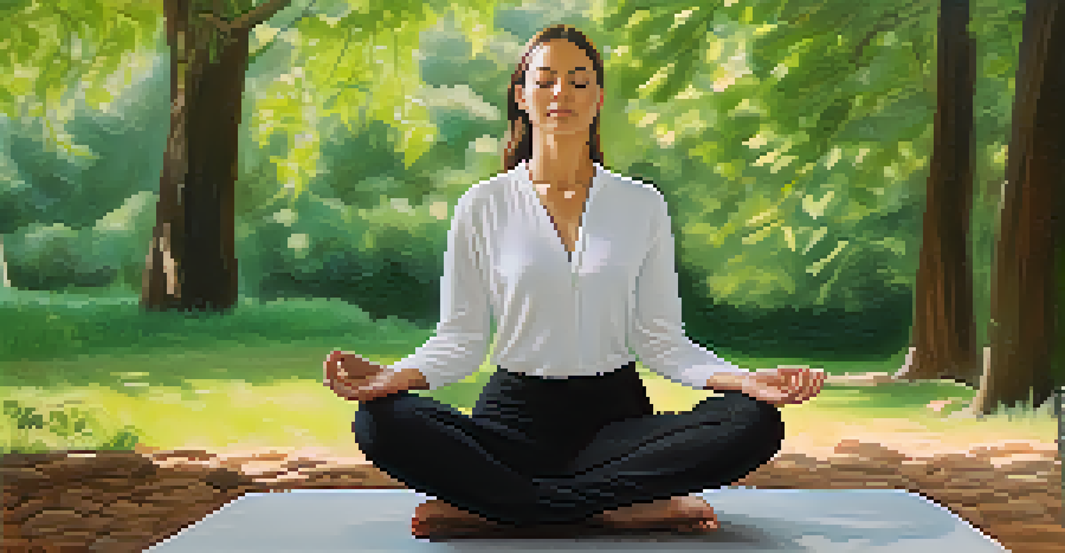 A person sitting cross-legged on a yoga mat outdoors, eyes closed in meditation, surrounded by greenery, embodying mindfulness.