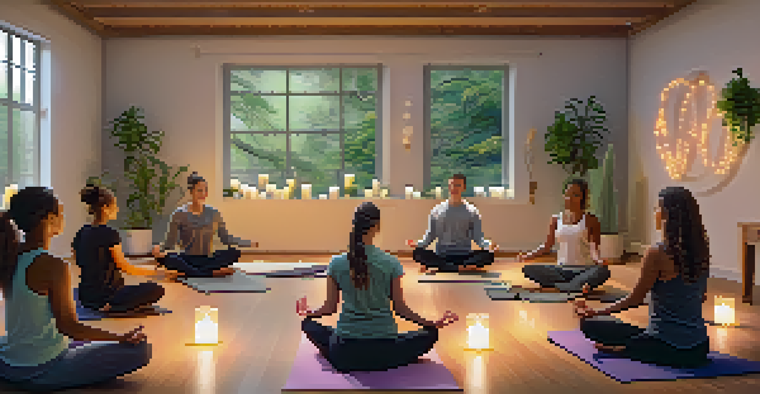 A cozy indoor mindfulness workshop with participants seated in a circle, engaged in sharing experiences, illuminated by soft candles.