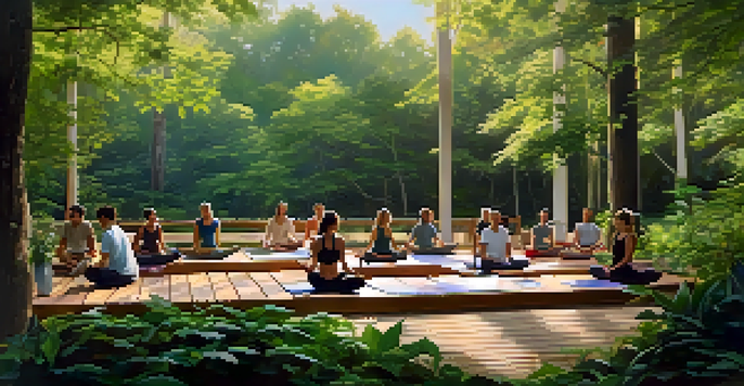 A serene yoga retreat in a forest with people practicing yoga on decks, surrounded by greenery and soft sunlight.