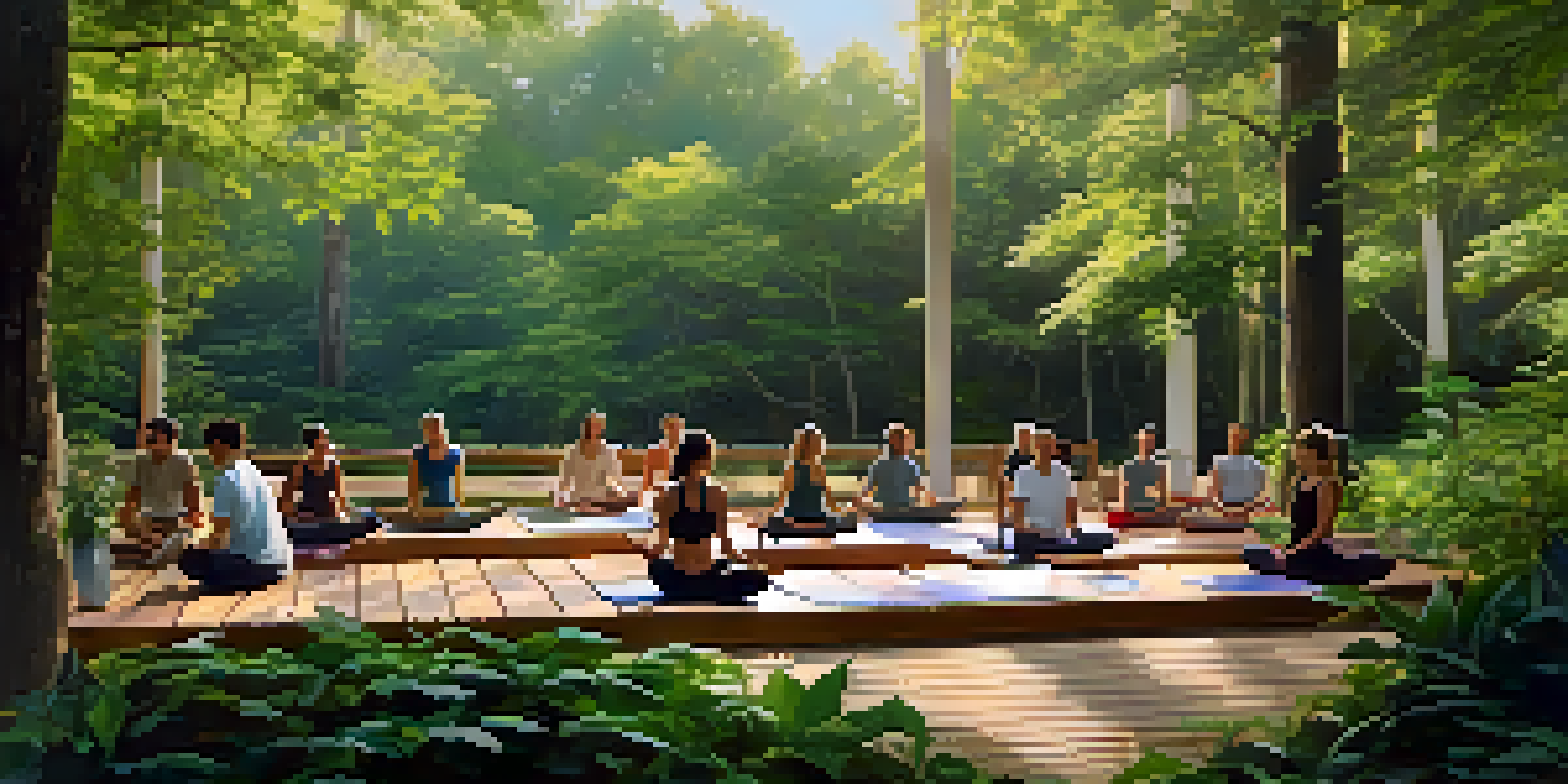 A serene yoga retreat in a forest with people practicing yoga on decks, surrounded by greenery and soft sunlight.