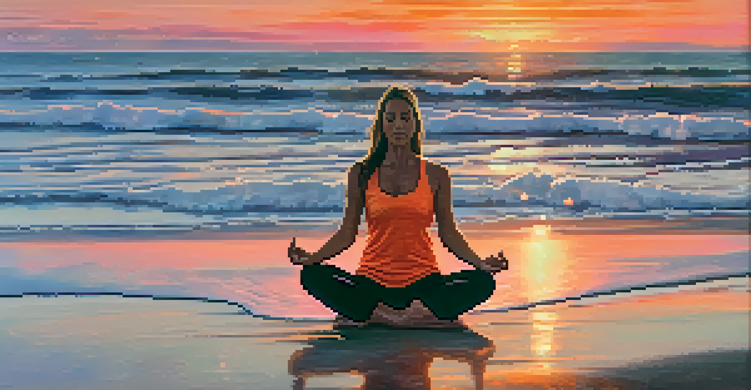 A person practicing Vinyasa yoga on a beach at sunset with colorful skies and calm waves.