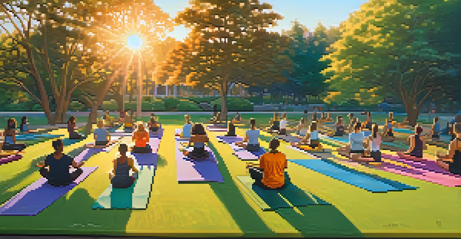 Diverse individuals practicing yoga in a park during golden hour, with colorful mats and a beautiful sunset in the background.