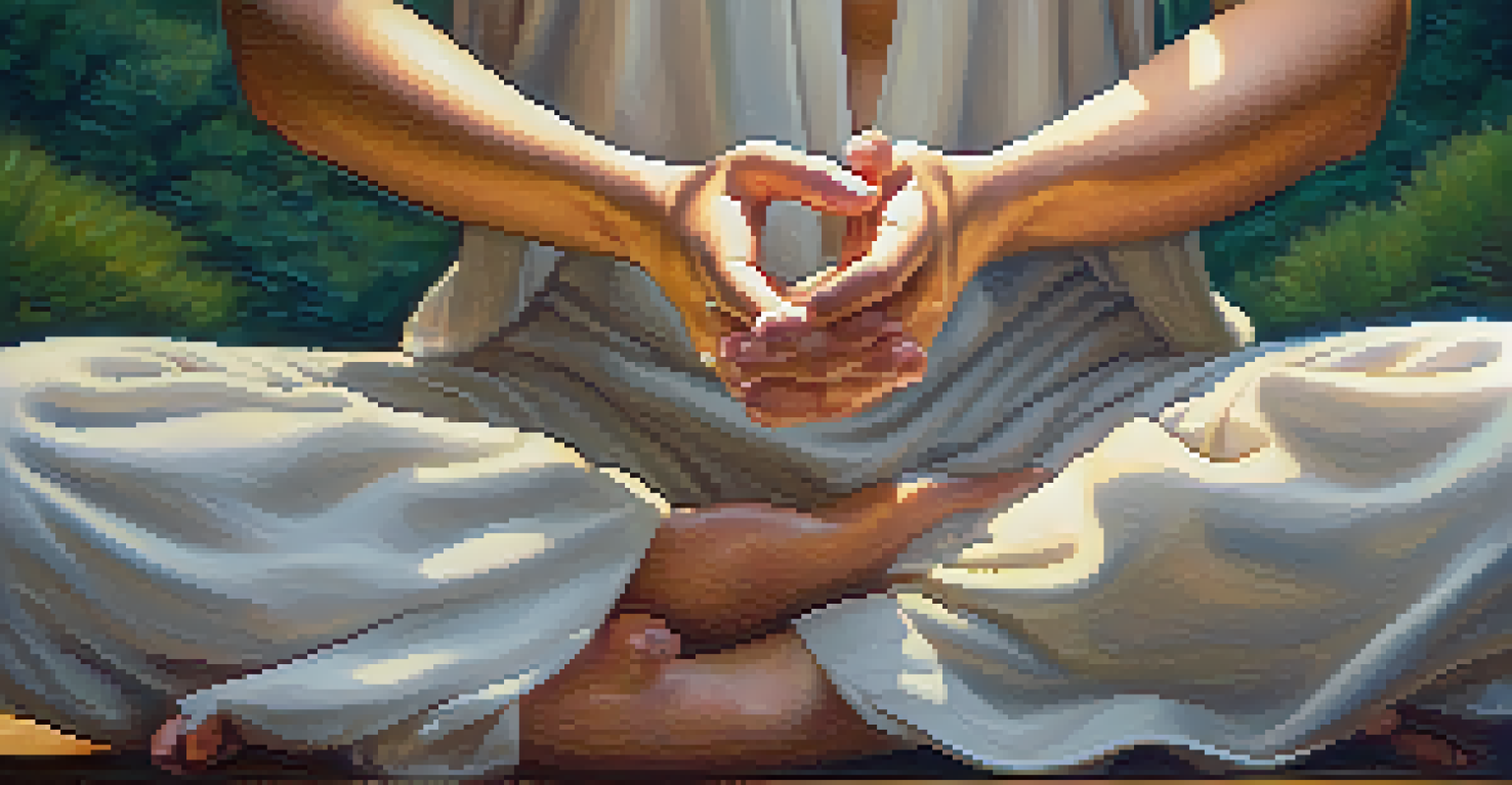 A close-up of hands in a mudra position during meditation, set against a blurred peaceful landscape.