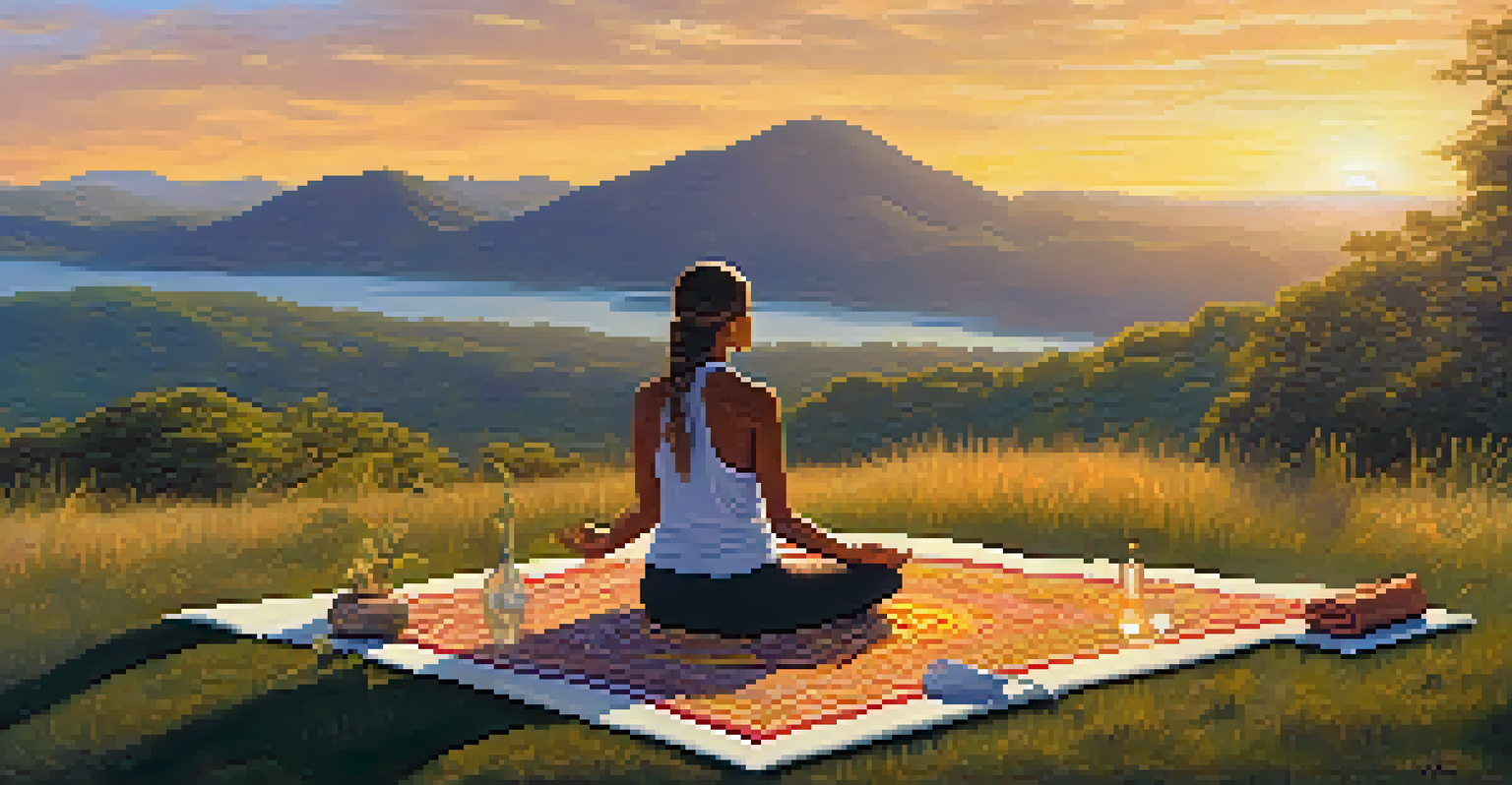 A person meditating outdoors on a yoga mat at sunset, surrounded by nature and symbols of abundance.