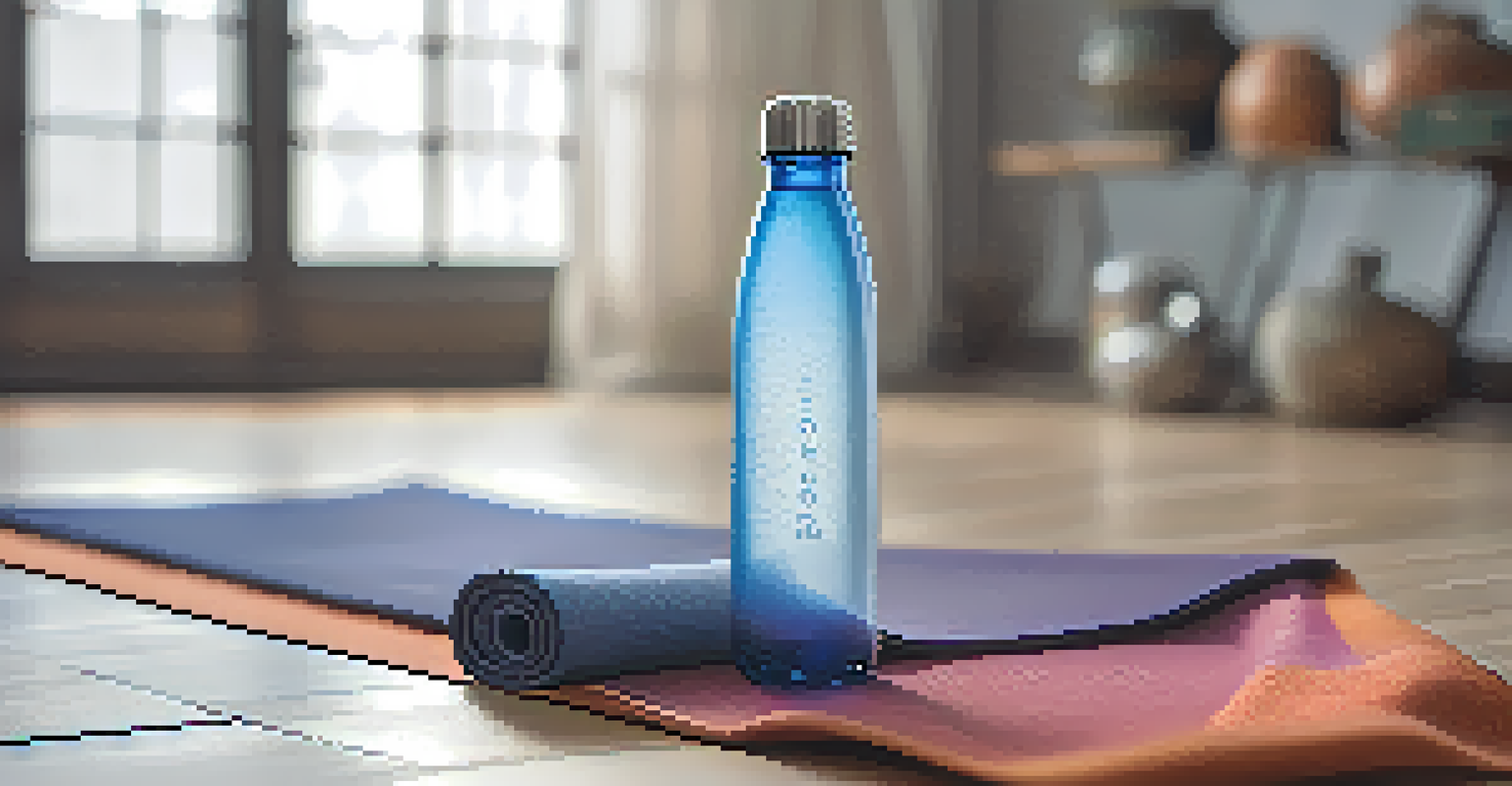 A close-up of a water bottle next to a yoga mat with a yoga class in the background.