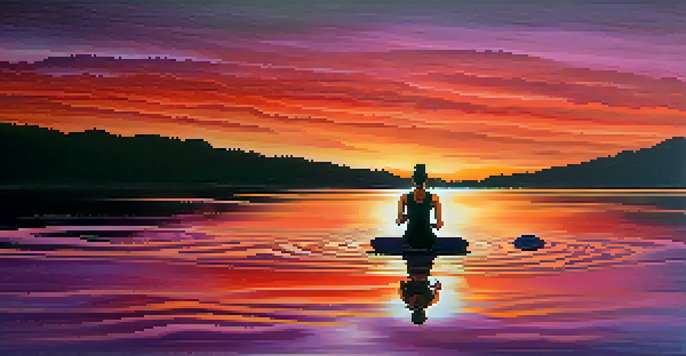A person practicing yoga by a tranquil lake at sunset, with vibrant reflections in the water.