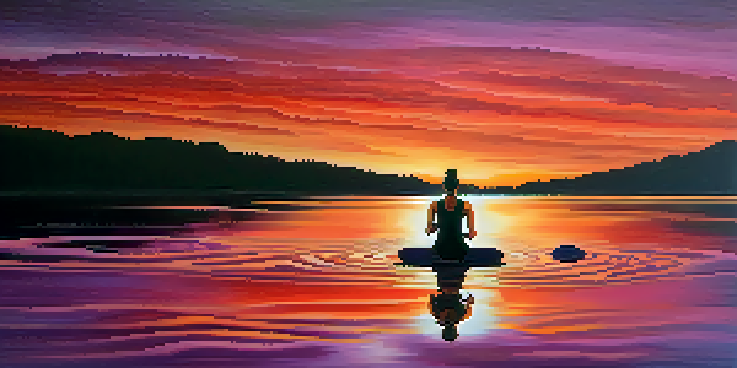 A person practicing yoga by a tranquil lake at sunset, with vibrant reflections in the water.