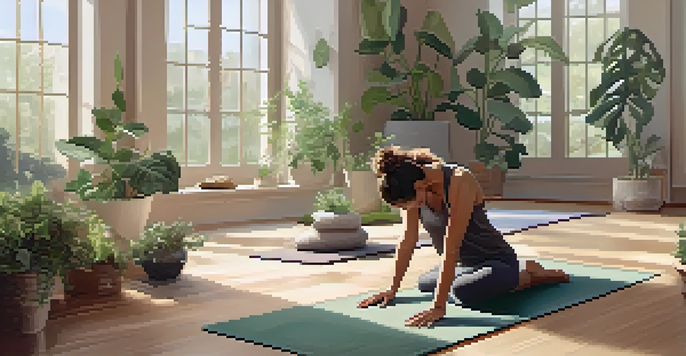 A tranquil yoga studio with a person practicing Child's Pose, surrounded by plants and soft lighting.