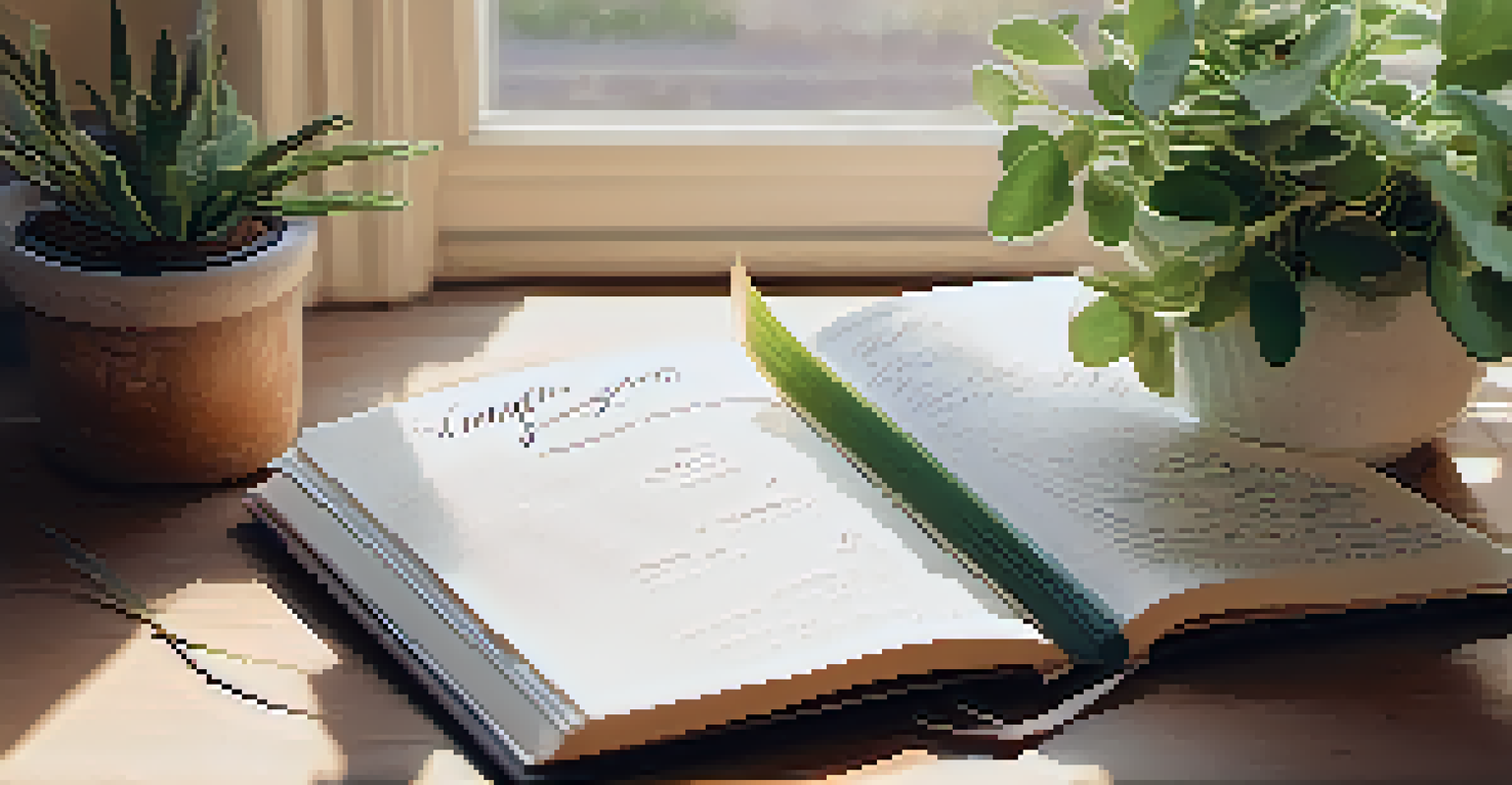 A close-up of an open journal filled with handwritten intentions, next to a candle and a potted plant, creating a cozy atmosphere.